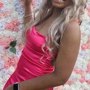 Pink satin backless mini dress